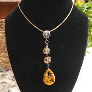Gold and Black Glass Bead Pendant Necklace